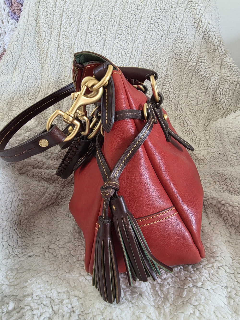 Dooney & Bourke Florentine Stanwich Satchel Red Brown Tmoro Trim NWOT - Picture 7 of 16